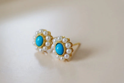 Earrings 18K Rose Gold Turquoise Pearls Gemstones Stud Female's Fine