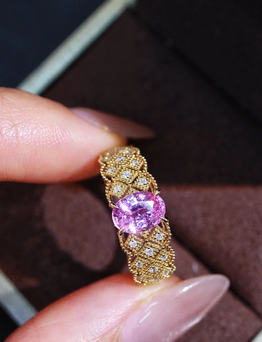 Ring 18K Gold 0.97ct Pink Sapphire Gemstones Diamonds Female Fine