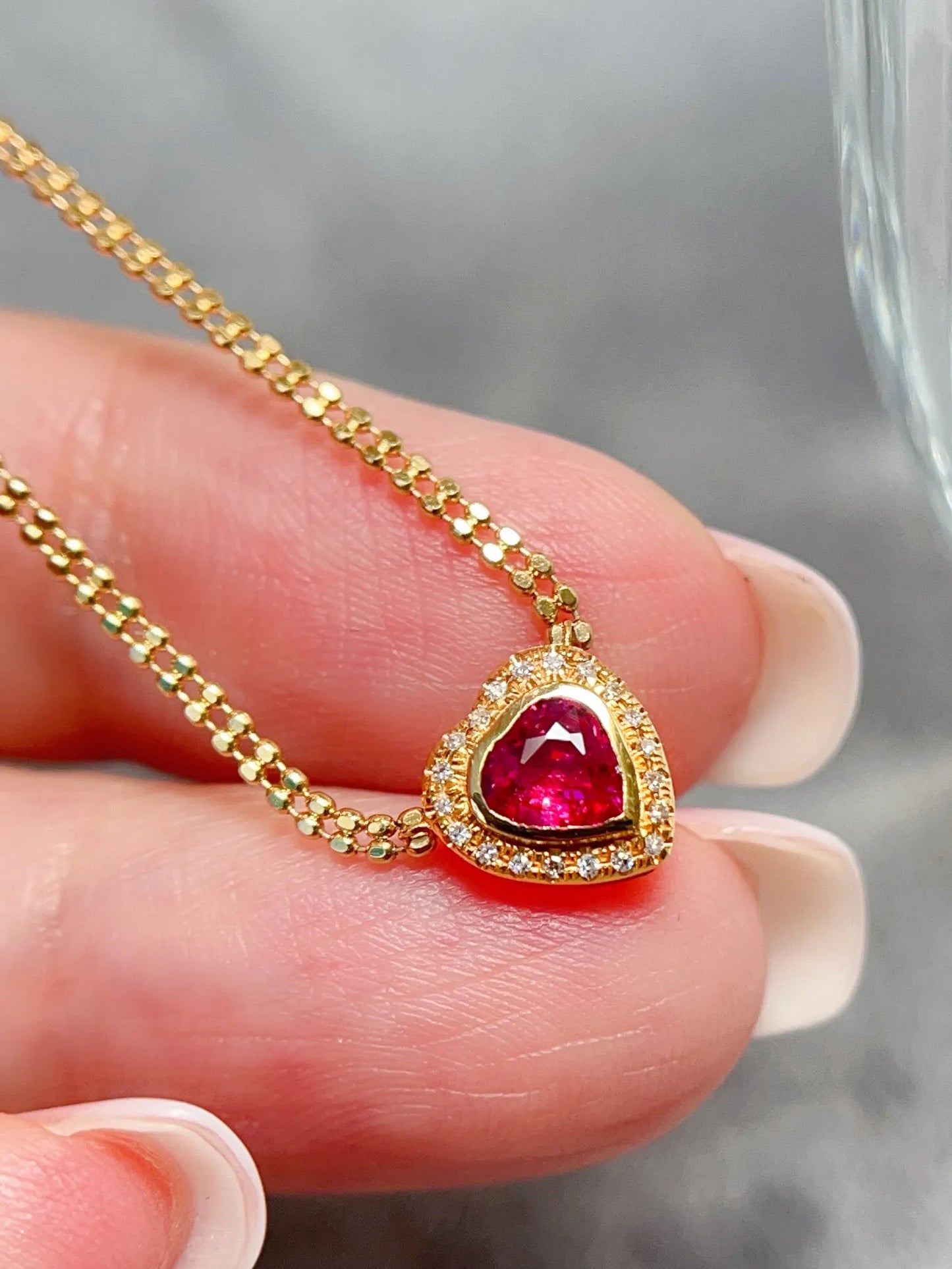 Necklace 18K Gold 0.6ct Red Ruby Diamonds Pendant Female's