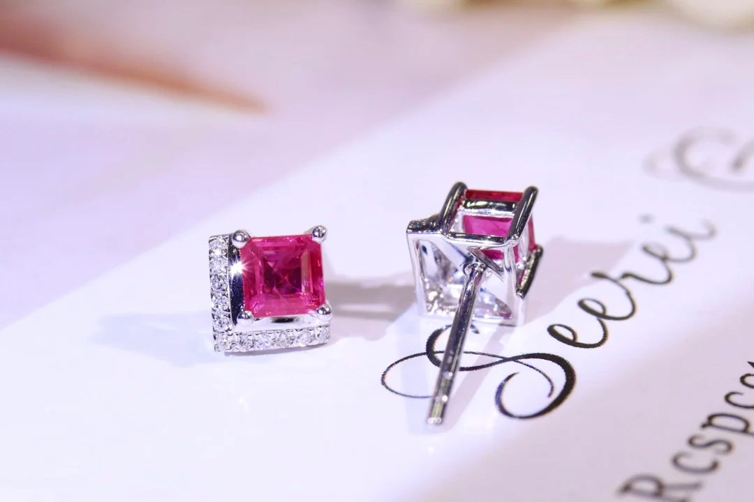 Earrings 18K White Gold 0.55ct Red Ruby Stud Female's Fine Jewelry