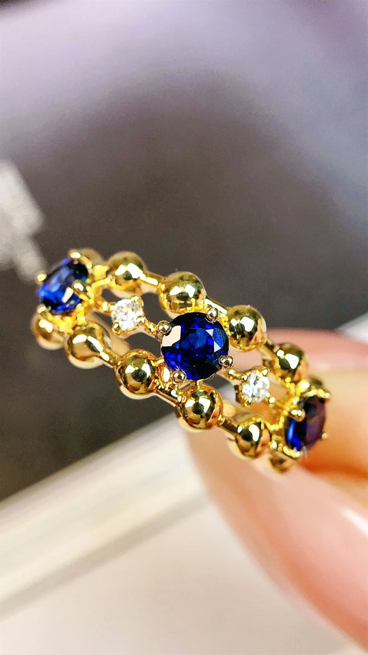 Ring 18K Gold 1.00ct Blue Sapphire Gemstones Diamonds Female's