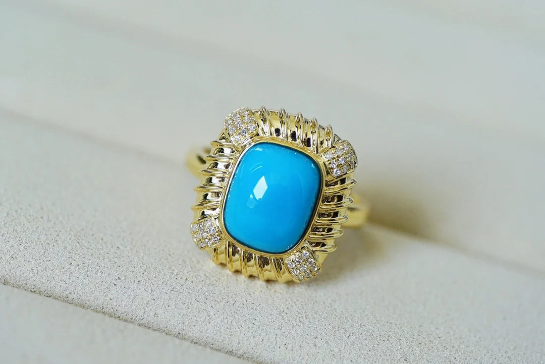 Ring 18K Gold 10.1*8mm Blue Turquoise Gemstones Diamonds Female Sporty