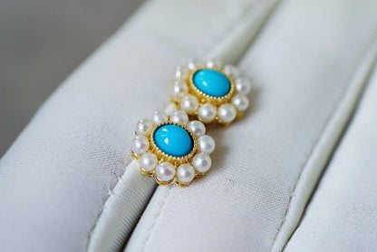 Earrings 18K Gold Turquoise Pearls Stud Female's Fine Gift