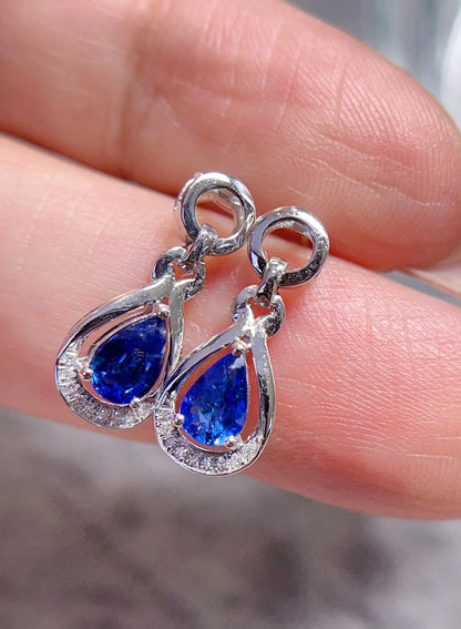 Earrings 18K Gold 0.8ct Cornflower Blue Sapphire Drop Female's Fine