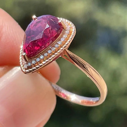 Ring 18K Rose Gold 2.2ct Red Tourmaline Gemstones Diamonds Female Fine Gift