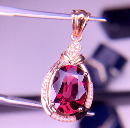 Pendant 18K Gold 3ct Red Tourmaline Gemstones Diamond Necklace