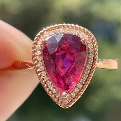 Ring 18K Rose Gold 2.2ct Red Tourmaline Gemstones Diamonds Female Fine Gift