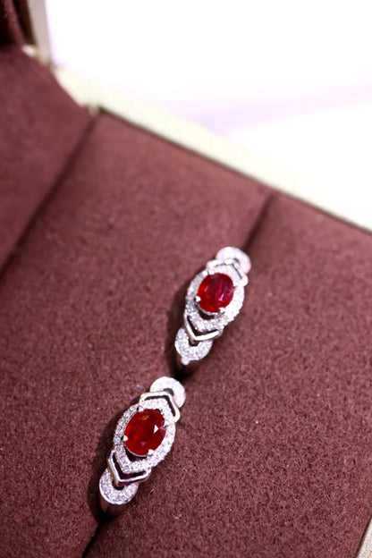 Earrings 18K White Gold 1.0ct Red Ruby Gemstones Stud Female's Fine