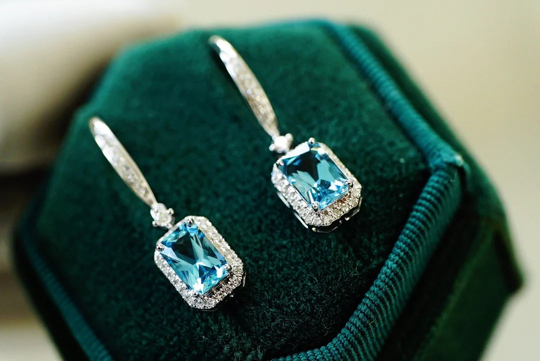 Earrings 18K White Gold 1.3ct Aquamarine Diamonds Female's Fine