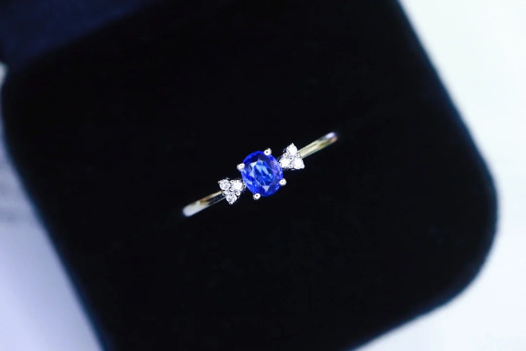 Ring 18K Gold 0.26ct Royal Blue Sapphire Gemstones Diamonds Female's