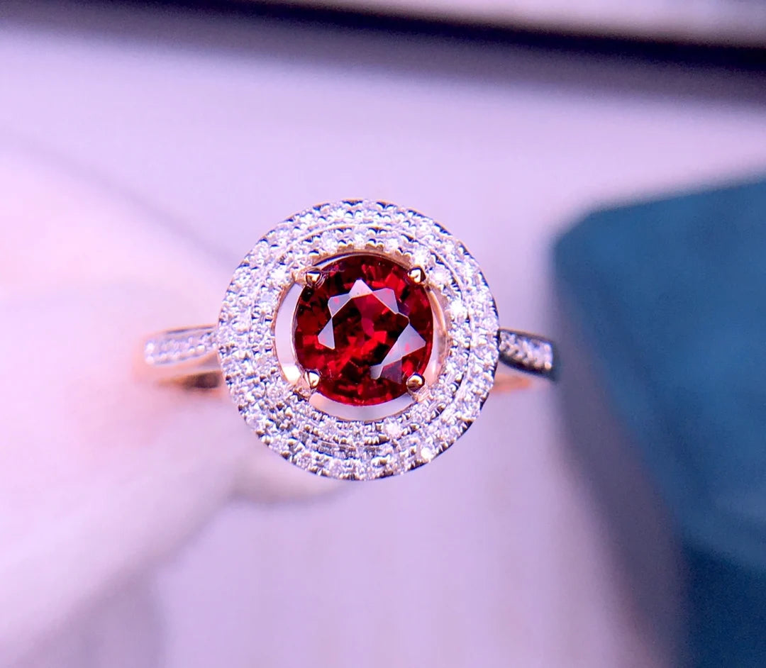 Ring 18K Gold 1ct Red Tourmaline Gemstones Diamonds Female's