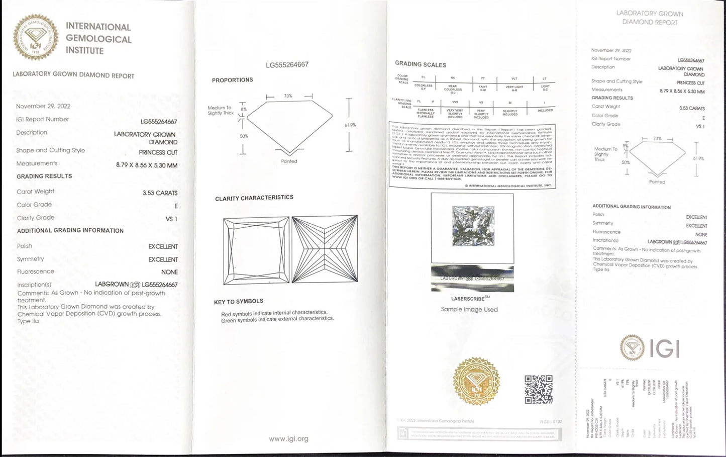 3.53CT Lab Grown Diamond Princess Cut E VS1 CVD 2EX Grade IGI Certificate