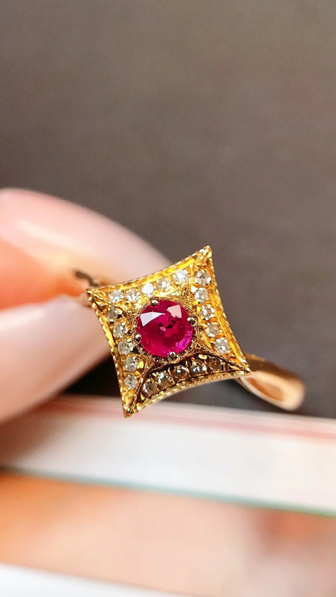 Ring 18K Gold 0.2ct Red Ruby Diamonds Female Anniversary Fine Jewelry