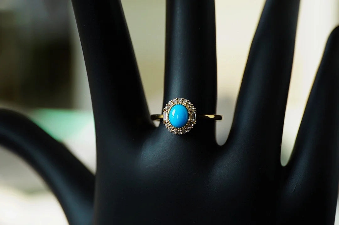 Ring 18K Gold 9.6*8.8mm Blue Turquoise Gemstones Diamonds Female's