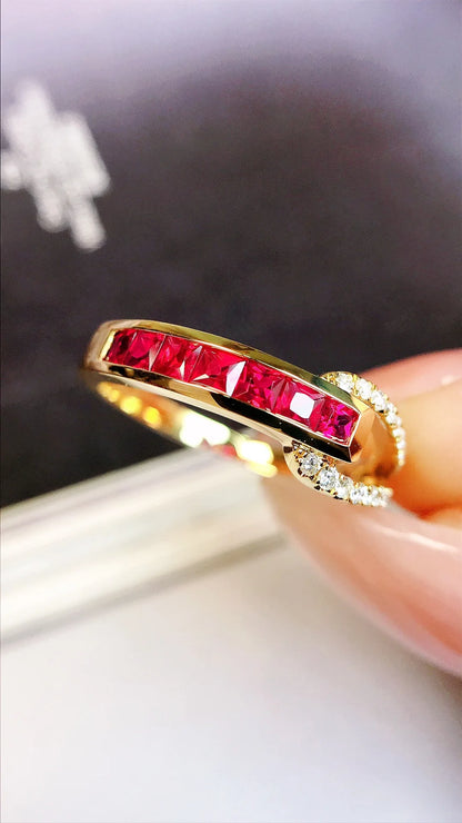 Ring 18K Gold 0.53ct Red Ruby Gemstones Diamonds Female Fine Jewelry