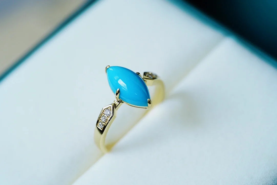 Ring 18K Gold 11.5*6.1mm Blue Turquoise Gemstones Diamonds Female Sporty