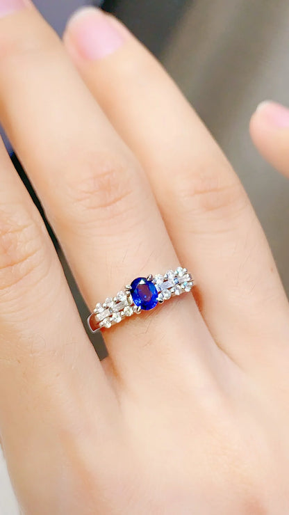 Ring 18K Gold 0.60ct Blue Sapphire Gemstones Diamonds Female's