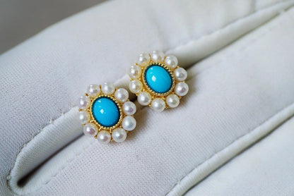 Earrings 18K Gold Turquoise Pearls Stud Female's Fine Gift