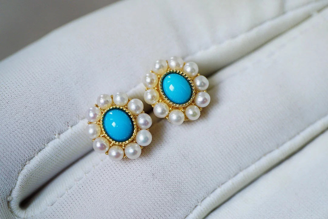 Earrings 18K Gold Turquoise Pearls Stud Female's Fine Gift