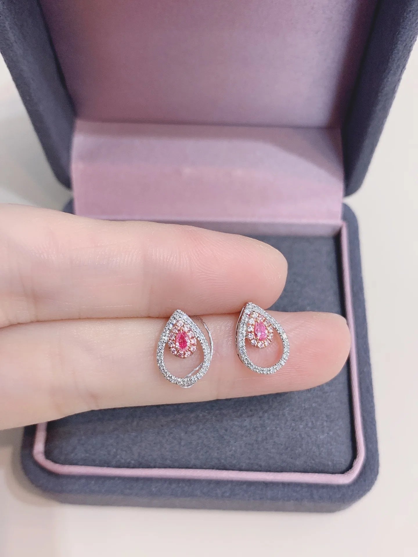 Earrings 18K White Gold 0.16ct Pink Diamonds Stud Female's Fine