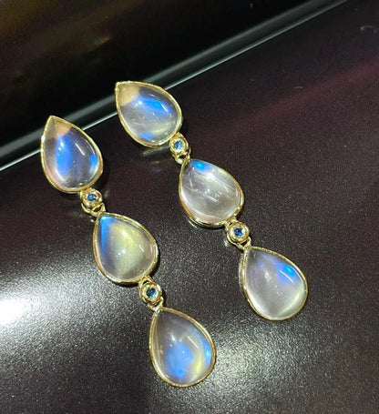 Earrings 18K Gold 13.3ct Moonstone Drop Female's Fine Gift