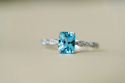 Ring 18K Gold 0.8ct Blue Aquamarine Gemstone Female Birthday