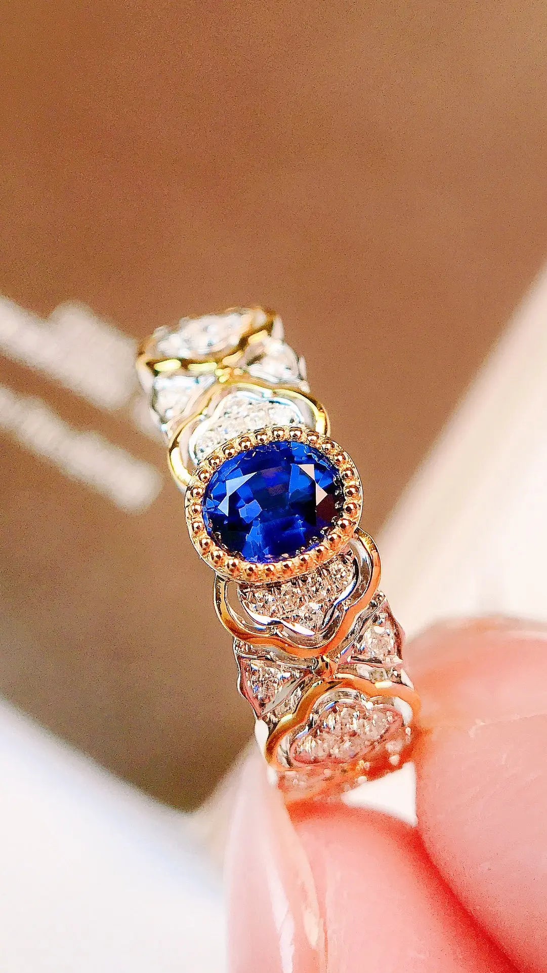 Ring 18K Gold 0.44ct Blue Sapphire Gemstones Diamonds Female