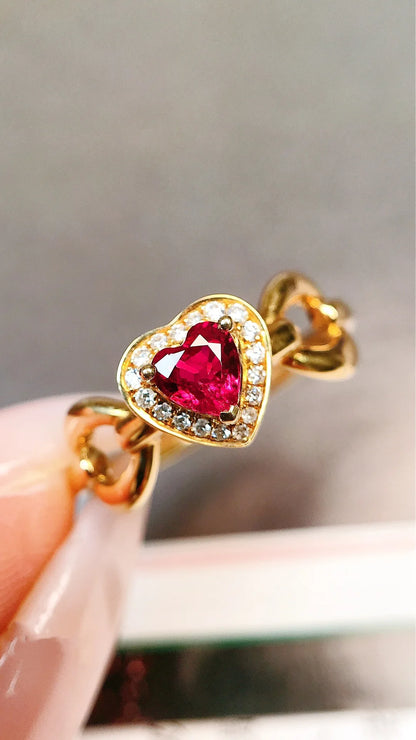 Ring 18K Gold 0.4ct Red Ruby Gemstones Diamonds Anniversary Female's