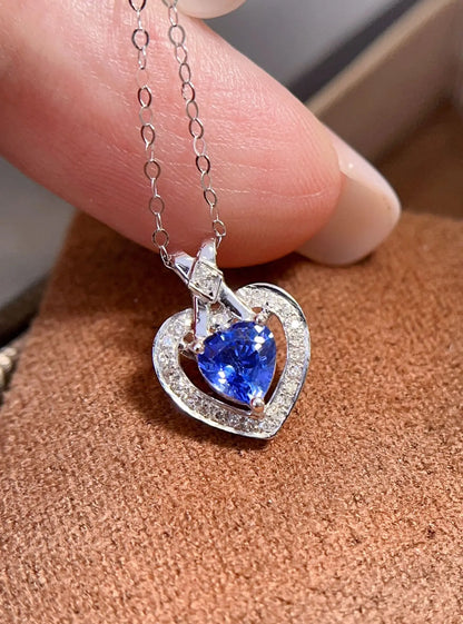 Necklace 18K White Gold 0.6ct Blue Sapphire Diamonds Pendant Female's