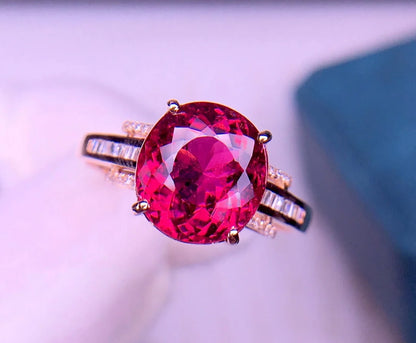 Ring 18K Gold 3.4ct Red Tourmaline Gemstones Diamonds Female Gift