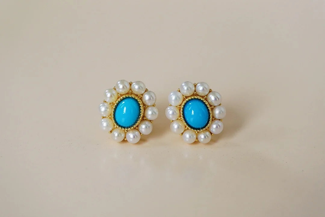 Earrings 18K Rose Gold Turquoise Pearls Gemstones Stud Female's Fine