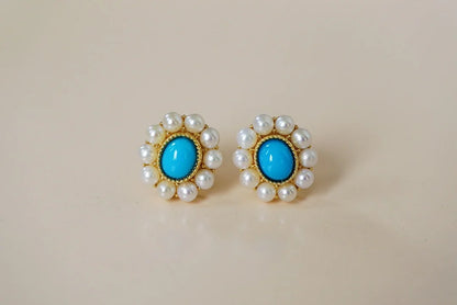 Earrings 18K Rose Gold Turquoise Pearls Gemstones Stud Female's Fine