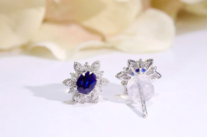 Earrings 18K Gold 0.95ct Royal Blue Sapphire Gemstones Stud Female's