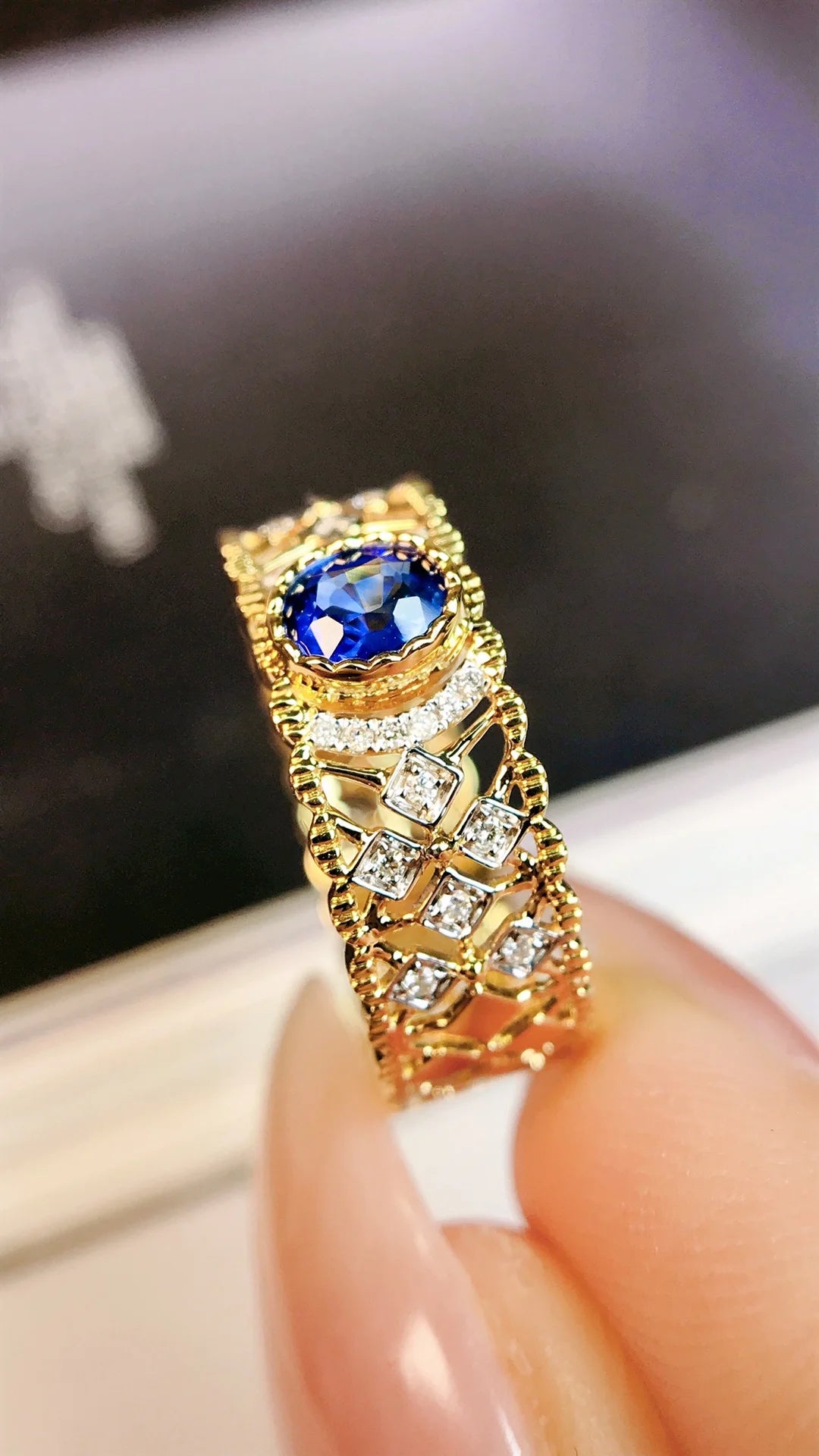 Ring 18K Gold 0.38ct Blue Sapphire Gemstones Diamonds Female Jewelry