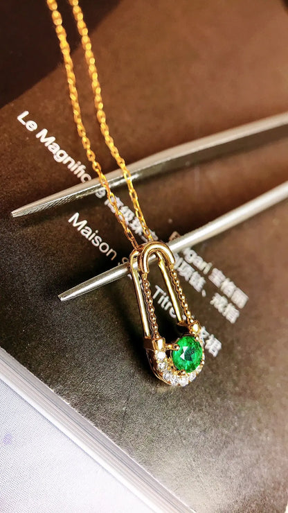 Necklace 18K Gold 0.21ct Green Emerald Diamonds Pendant Female's