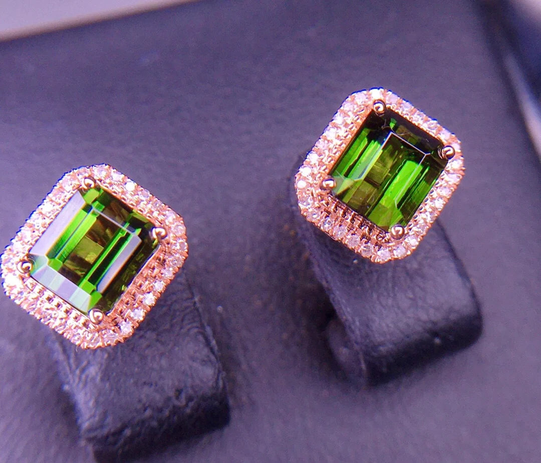 Earrings 18K Rose Gold 2ct Green Tourmaline Diamonds Female's