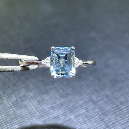 Ring 18K Gold 1ct Blue Aquamarine Gemstones Female Birthday Gift