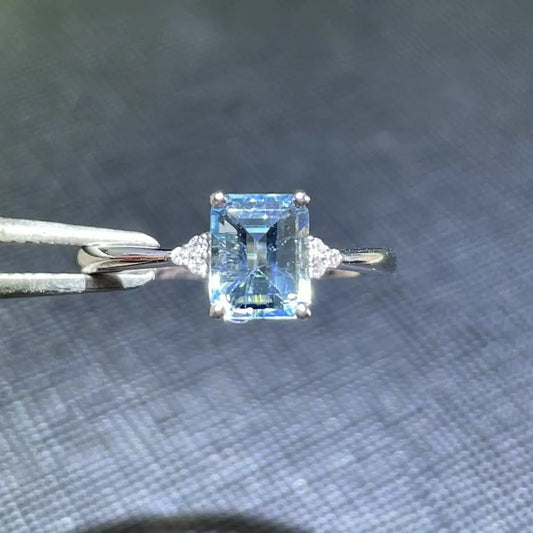 Ring 18K Gold 1ct Blue Aquamarine Gemstones Female Birthday Gift