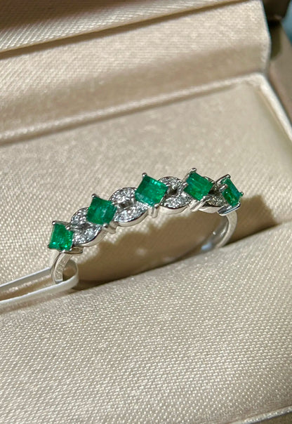 Ring 18K Gold 0.42ct Green Emerald Gemstones Diamonds Female's