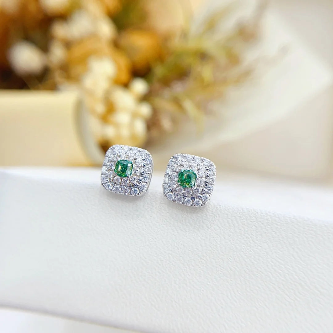 Earrings 18K White Gold 0.20ct Green Diamonds Stud Female's Fine