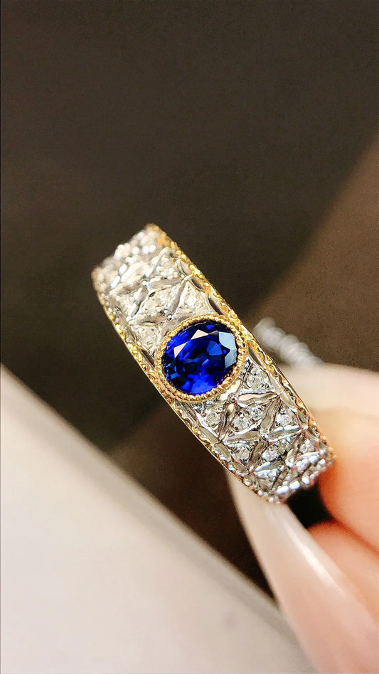 Ring 18K Gold 0.43ct Blue Sapphire Gemstone Diamonds Female Fine Jewelry