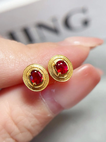 Earrings 18K Yellow Gold 0.4ct Red Ruby Stud Female's Fine Gift