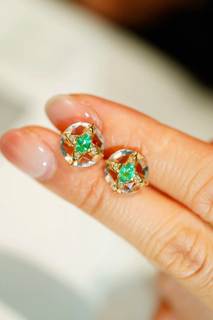 Earrings 18K Gold 0.3ct Green Emerald Diamonds Drop Female's Fine