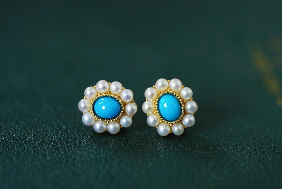 Earrings 18K Gold Turquoise Pearls Stud Female's Fine Gift