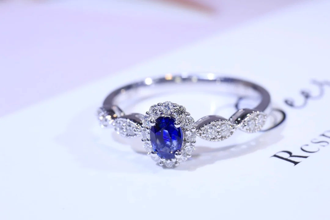 Ring 18K Gold 0.35ct Royal Blue Sapphire Gemstones Diamonds Female's