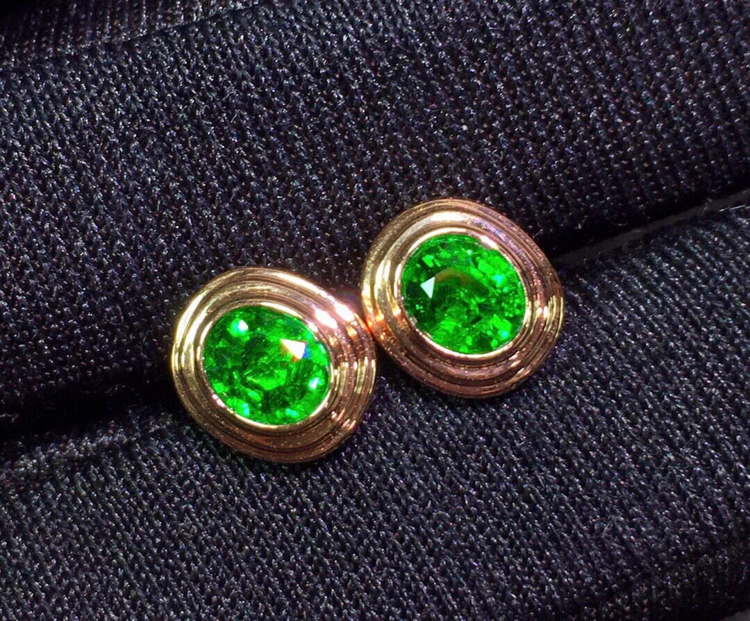 Earrings 18K Gold 1.78ct Tsavorite Diamonds Stud Female's Fine