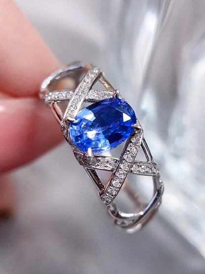 Ring 18K Gold 1ct Cornflower Blue Sapphire Gemstones Diamonds Female's