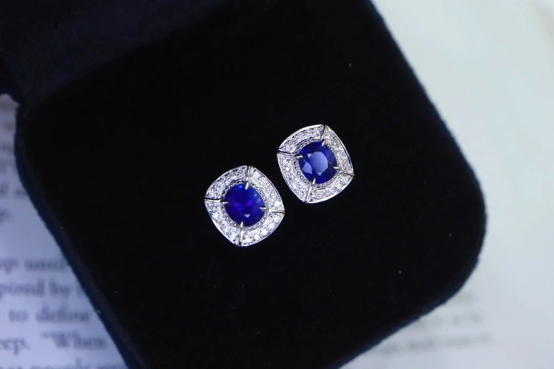 Earrings 18K Gold 0.865ct Royal Blue Sapphire Stud Female's Fine