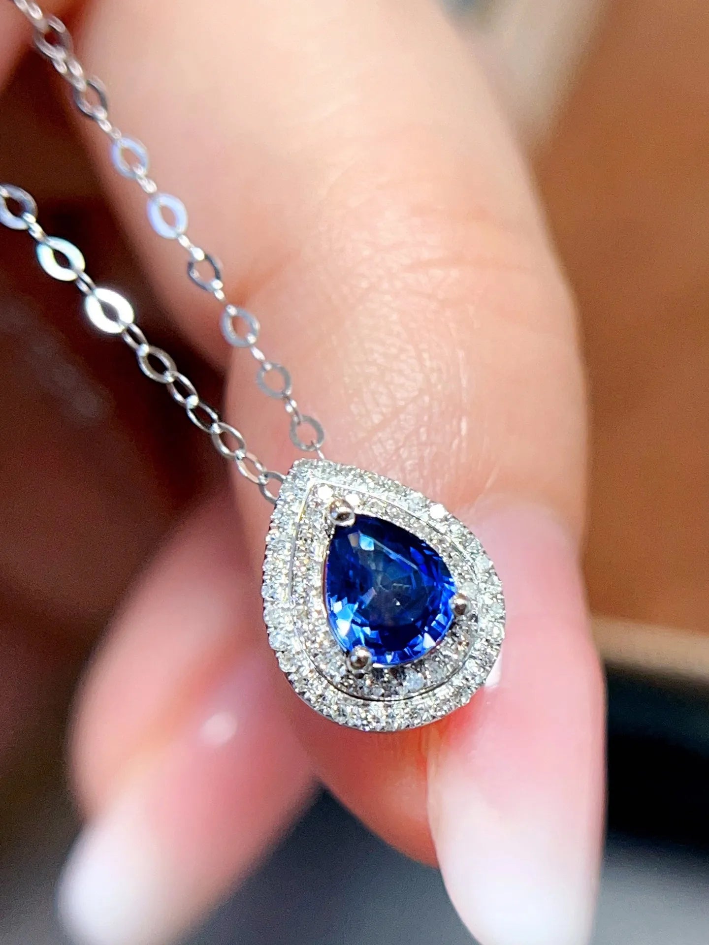 Necklace 18K White Gold 0.5ct Blue Sapphire Diamonds Pendant Female's