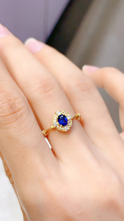 Ring 18K Gold 0.40ct Blue Sapphire Gemstone Diamonds Stone Female